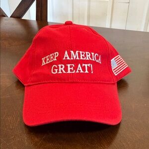 Red Cap with Embroidered Slogan and Flag